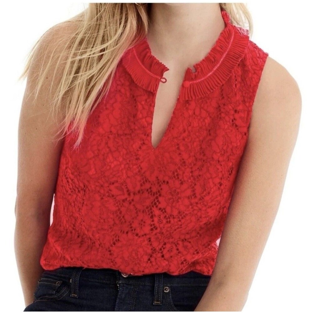 J Crew Top Womens Large Red Blouse Floral Lace Overlay Ruffle Keyhole Neck XXS